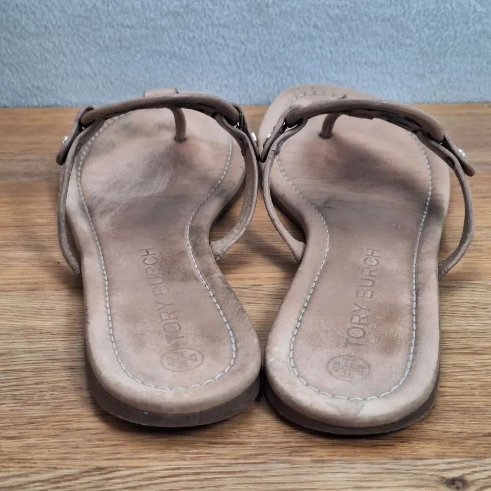 Tory Burch Miller Thong Sandals Women 10.5 Tan Beige Leather Logo Flip Flops